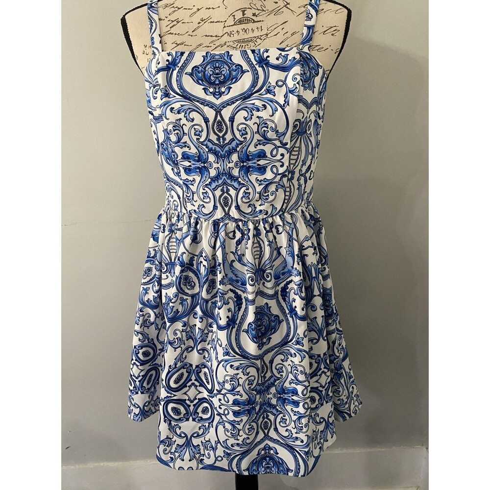 BCX Dress Baby Doll Mini Dress Blue/White Floral Size L HOCO Wedding Cocktail
